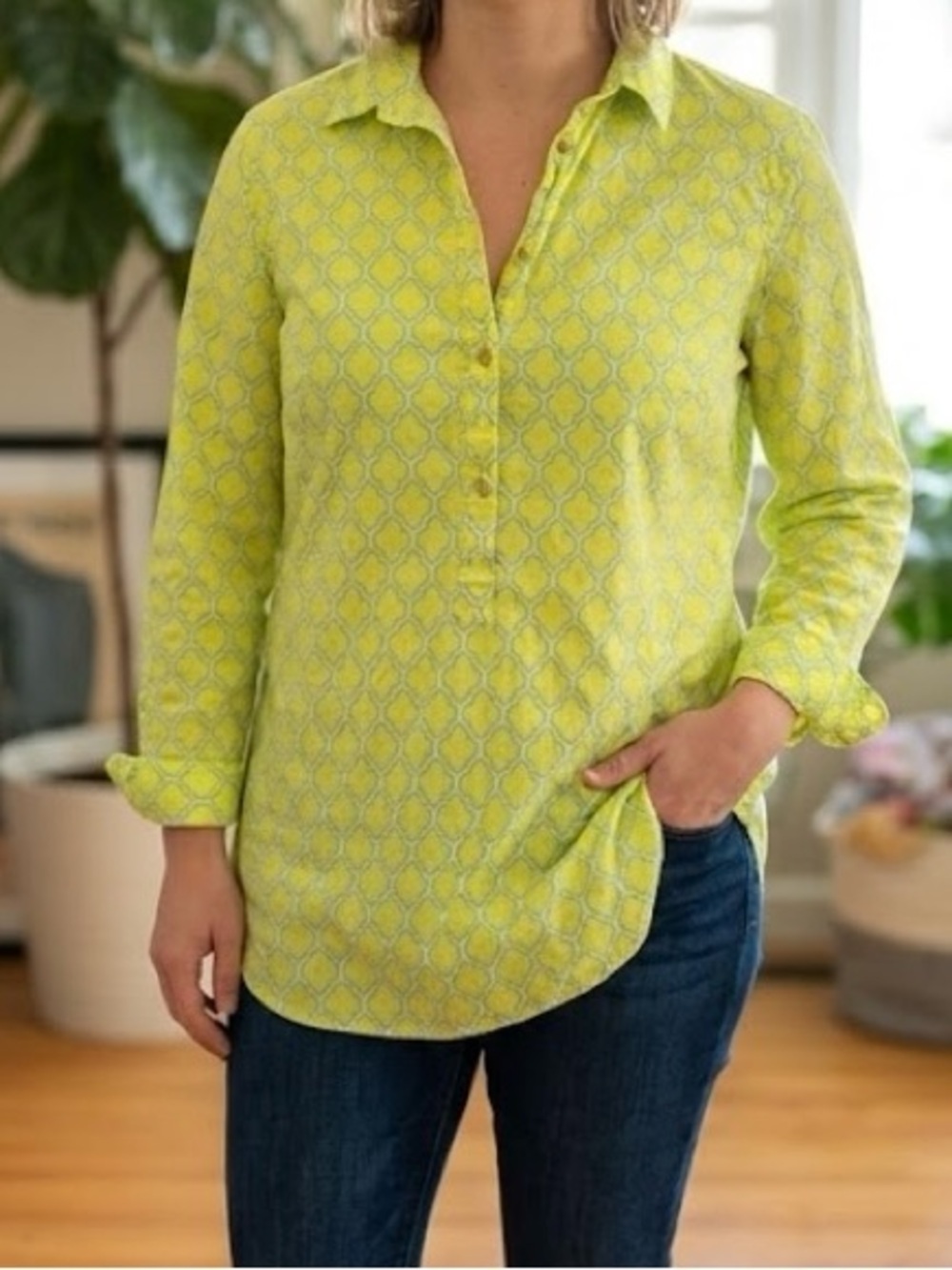 Lands' End Yellow Lime Lattice Print Tunic Shirt 100% Cotton Lightweight Breezy